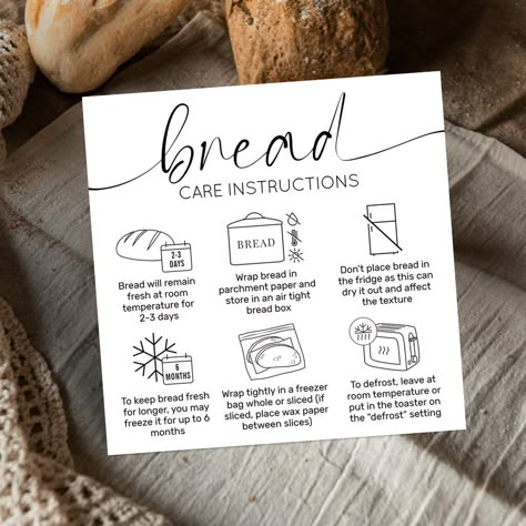 Minimalist Bread Care Cards with elegant script font and care icons. This modern black and white loaf of bread care instructions guide includes the most important care tips with icons for each step, so your customers know how to best store freshly baked bread loaf. You can customize all care instructions, add your logo and business details to this card to make your personalized bread bakery package inserts. Multigrain Bread Recipe, Package Inserts, Bakery Website, Bread Packaging, Bakery Business Cards, Bread Bakery, Bread Shop, Bakery Packaging, Baking Business