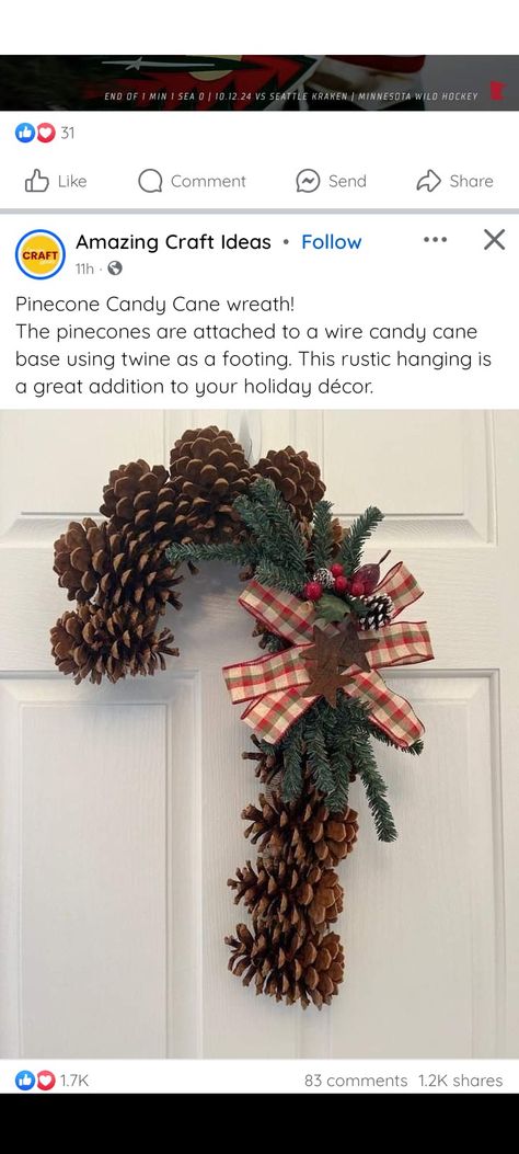 Candy Cane Pine Cone Wreath, Pinecone Candy Cane, Pinecone Candy Cane Wreath, Pinecone Crafts To Sell, Candy Cane Wreath Diy, Cone Crafts, Diy Pinecone, Candy Cane Wreath, Country Christmas Decorations