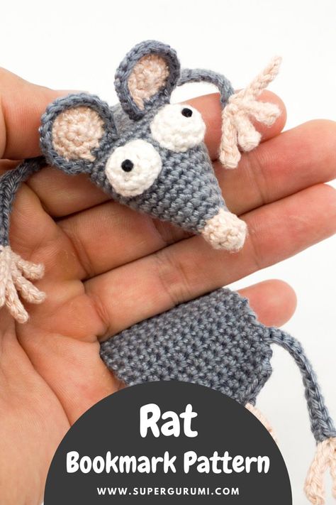 Amigurumi Free Pattern Bookmark, Crochet Mouse Bookmark Free Pattern, Book Rat Crochet Pattern, Rat Crochet Bookmark, Crochet Mouse Bookmark, Rat Bookmark Crochet Free Pattern, Crochet Rat Bookmark, Bookmark Knitting Pattern Free, Crochet Animal Bookmarks Free Pattern