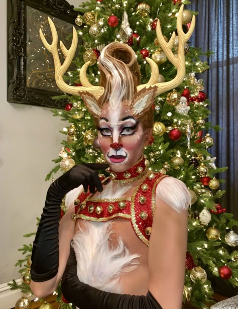 Rudolph The Red Nosed Reindeer Costume, Reindeer Costume Women, Drag Christmas, 2022 Christmas Outfit, Drag Queen Christmas, Christmas Outfit Ideas For Women, Stilt Costume, Outfit Ideas 2022, Seasonal Makeup