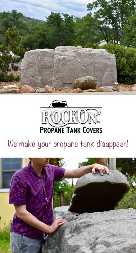 Increase the beauty and value of your home by covering your ugly propane tank with a RockOn Propane Tank Cover.  We offer artificial rock covers in multiple colors for 250 gallon and 500 gallon propane tanks.  RockOn Propane Tank Covers last over 40 years and will not fade, crack, rust, or rot! Propane Tank Landscaping Ideas, Hidden Propane Tank Ideas, Septic Tank Covers, Propane Tank Art, Propane Tank Cover, Propane Tanks, Landscaping With Large Rocks Front Yard, Berry Garden, Fake Rock