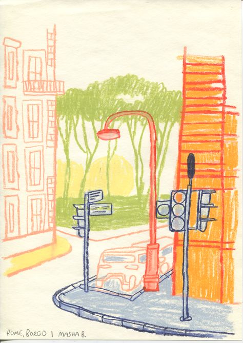 Rome, Italy. Masha Bogatova. paper, cryons. Italy Illustration, Graphic Novel Illustration, Color Pencil Illustration, Etch A Sketch, Interior Architecture Drawing, City Drawing, Oil Pastel Art, Crayon Art, Art Diary