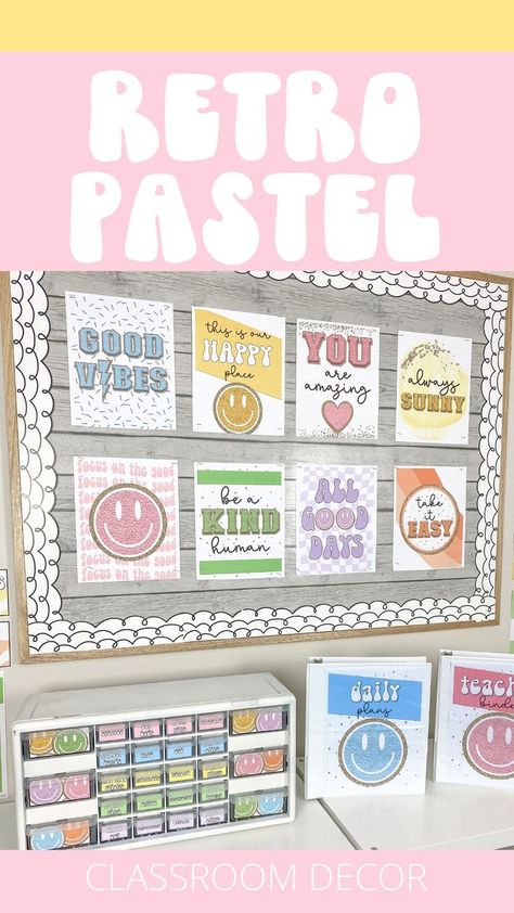 retro pastel classroom decor Y2k Smiley Face, Green Classroom, Varsity Patches, Pastel Classroom Decor, Pastel Classroom, Smiley Face Design, Rainbow Classroom, Retro Pastel, Classroom Decor Bundle