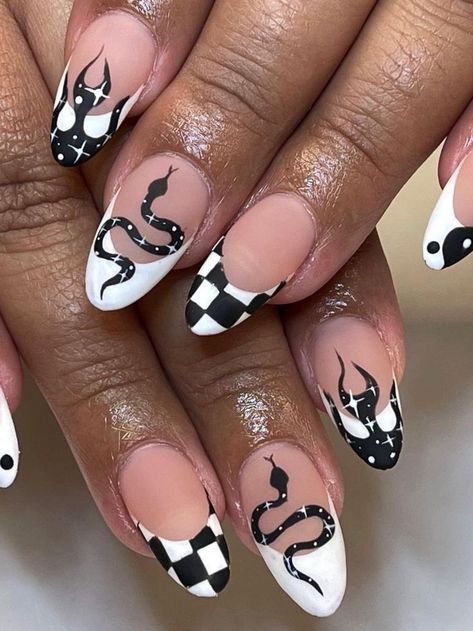 black and white french tips with witch design All Year Round Nail Ideas, Trendy Black And White Nails, White Nail Art Designs, 80s Nails, Black Toe Nails, Black And White Nail, Black And White Nail Designs, Black Almond Nails, Black And White Nails