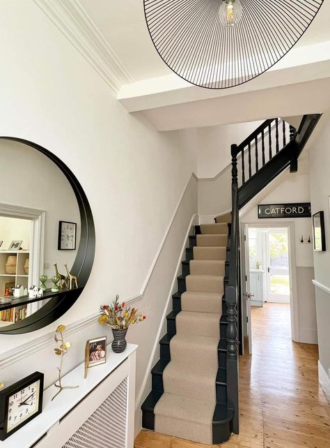 Hallway With Black Banister, Black Cream Hallway, Black Woodwork Hallway, Black And Cream Hallway, Modern Edwardian Interiors, Black And White Hallway, Stairs And Hallway Ideas, Stairs Hallway, Black Hallway