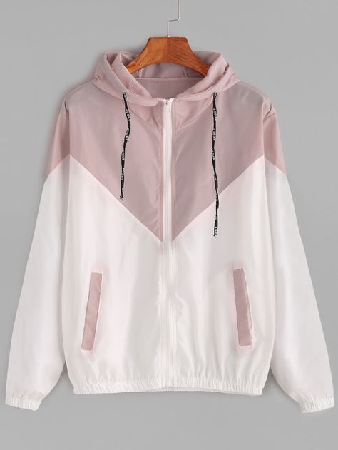 Hooded Drawstring Cut And Sew Jacket -SheIn(Sheinside) Patchwork Jacket, Plus Size Coats, Sports Hoodies, Women's Jackets, Sport Dress, Fall Coat, Zipper Jacket, 가을 패션, Long Sleeves Jacket