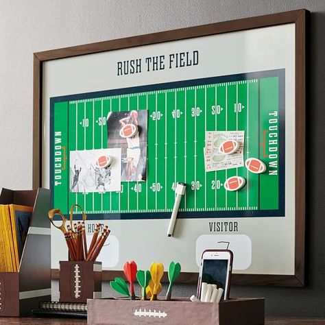 football | Pottery Barn Teen Drake Bedroom, Gaming Playroom, Fog Mountain, Magnet Wall, Football Room, Organization Wall, Football Rooms, Sports Bedroom, Football Bedroom