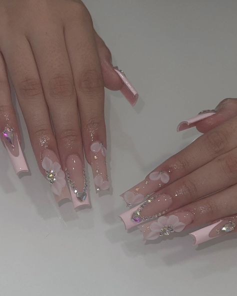 ig: glammed.by.daisy Xv Pink Nails, Long Pink Acrylics, Pink Nails Fancy, Pink 15 Nails, Médium Nails, Long Nails With Flowers, Baby Pink Long Nails, Pink Nails Quince, Quince Pink Nails