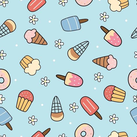 Ice cream background seamless vector pattern hand drew the design in cartoon style Use for prints, decorative wallpaper, textiles, fabrics, vector illustrations. Ice Cream Background, Ice Cream Cute, Ice Cream Wallpaper, Decorative Wallpaper, Ice Cream Print, Drawing Wallpaper, Wallpaper Decor, Cream Background, Cute Backgrounds