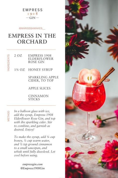 Rose Gin Cocktail, Autumn Cocktail, Empress 1908 Gin, Sparkling Apple Cider, Fall Cocktails Recipes, Gin Recipes, Cinnamon Syrup, Gin Cocktail Recipes, Honey Cinnamon