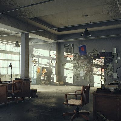 ArtStation - A rough journey makes a smooth rum., Tuomas Korpi Detective Office Concept Art, 70s Detective, Office Concept Art, Detectives Office, Zombie Rpg, Detective Office, Factory Office, Detective Aesthetic, Light Font