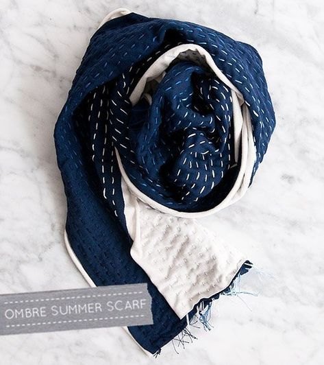 This Ombre Sashiko scarf is so beautiful and perfect for summer. The tutorial is easy to follow and great for beginners. #scarf #summerstyle #summerscarf #sashiko #sashikoembroidery #sashikoscarf #ombrescarf #craftgossip Embroidery 101, Embroidery Scarf, Sewing Machine Needle, Sashiko Boro, Diy Ombre, Boro Sashiko, Alabama Chanin, Scarf Tutorial, Embroidered Scarf