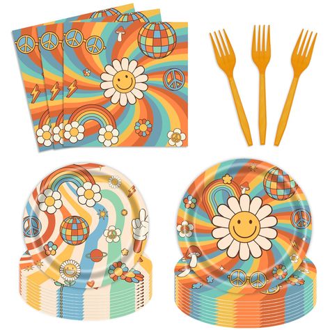 PRICES MAY VARY. 【Serve 24 Guests】This Groovy Hippie 70s birthday party kit has all you need for 24 guests, includes 24pcs 9'' dinner paper plates, 24pcs 7'' dessert plates, 24pcs paper napkins, 24pcs plastic forks. 【Safe and Premium Material】All our Groovy Hippie 70s themed plates and napkins are made of quality paper, not easy to tear and break. The disposable forks are made of quality plastic, non-toxic, no smell, heat-resistant and safe to food. 【Vibrant Color and Pattern】The pattern and col Sixties Theme Party, 60s Themed Birthday Party Decorations, Woodstock Party Decorations, Flower Power Decor, Flower Themed Birthday Party Adult, 60 Party Decorations, 70 Theme Party Ideas, Woodstock Party Theme, 70s Party Food Ideas