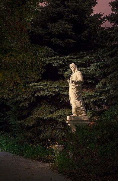 Statue Garden Landscape Lighting Light Sculpture Outdoor, Landscape Statues, Statue Lighting, The Thinker Sculpture, Lighting Theory, Sculpture Lighting, Exterior Lighting Design, Commercial Outdoor Lighting, Sculpture Outdoor