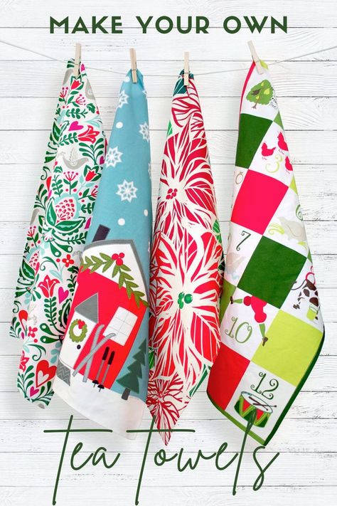 make your own kitchen tea towels Tea Towels Diy Sewing, Tea Towel Sewing Patterns, Quilted Kitchen Towels, Diy Kitchen Towels Sew, Sewing Tea Towels, Diy Christmas Tea Towels, Christmas Kitchen Towels Diy, Christmas Tea Towels Diy, Diy Christmas Kitchen Towels