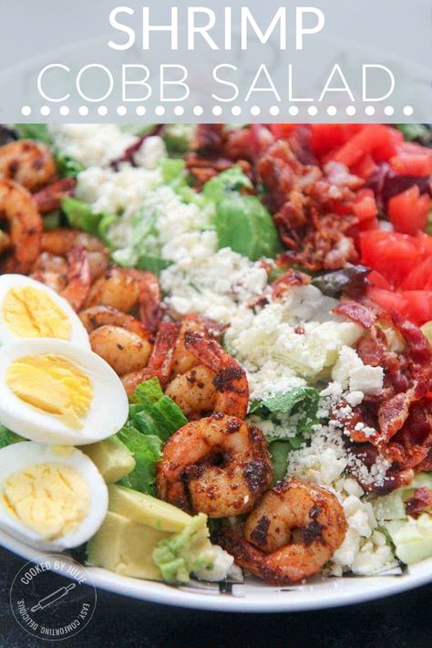 Shrimp Cobb Salad, Avocado Vinaigrette, Classic Cobb Salad, Boiled Egg Recipes, Cobb Salad Recipe, Salad Toppings, Lemon Vinaigrette, Avocado Chicken Salad, Spicy Shrimp