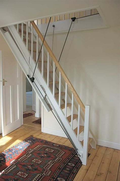 Loft Access Ideas, Attic Ladder Ideas, Loft Stairs Ideas, Retractable Stairs, Space Saving Staircase, Loft Staircase, Attic Staircase, Roof Storage, Attic Ladder