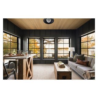 Lake House - Transitional - Sunroom - Minneapolis - by Thompson Construction | Houzz Black Sunroom, Modern Craftsman Exterior, Traditional Sunroom, Coastal Sunroom, Sunroom Remodel, Four Seasons Room, Sunroom Ideas, White Molding, Modern Family Rooms