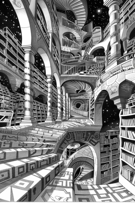 Mc Escher Wallpaper, Optical Illusion Architecture, Spiral Staircase Drawing, Subtractive Architecture, Fantasy Stairs, Escher Relativity, Escher Stairs, Stairs Illustration, Mc Escher Art