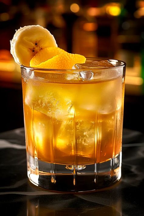 Banana Bliss Old Fashioned - SnackSeek Recipes Using Bananas, Whiskey Recipes, Yummy Alcoholic Drinks, Gourmet Snacks, Bourbon Cocktails, Banana Slice, Angostura Bitters, Old Fashioned Cocktail, Banana Flavored