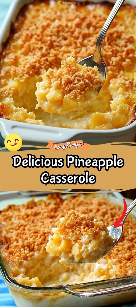 Experience the unique combination of sweet and savory with the Best Pineapple Casserole, featuring chunks of pineapple, cheese, and a buttery cracker topping. This dish is a surprising standout at any meal, particularly popular during holidays and family gatherings. #PineappleCasserole #UniqueEats #HolidayDishes Baked Pineapple Cheese Casserole, Sweet Pineapple Casserole, Pineapple Casserole Paula Deen, Southern Style Side Dishes, Pineapple Stuffing Casserole, Pineapple Cheddar Casserole, Cheesy Pineapple Casserole, Hawaiian Casserole Recipes, Pineapple Ritz Cracker Casserole