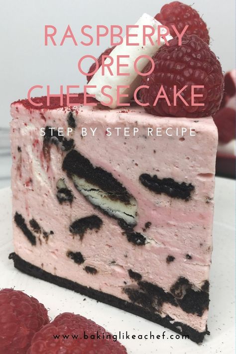 This decadent Raspberry Oreo Cheesecake makes a perfect dessert for Valentine’s Day, Mother’s Day, or a girl’s birthday party. Pairing Oreo cookie crust with raspberry flavored cream cheese filling, this easy no-bake recipe is made in an hour. A quick dessert is one step better! #bakinglikeachef #oreocheesecake #nobakecheesecake #raspberrycheesecake #raspberryoreocheesecake #valentinesdessert #mothersdayideas #birthdaycakes #partyideas #pinkdessert | www.bakinglikeachef.com Mothers Day Cheesecake Ideas, Valentines Day Cheesecake Recipes, Oreo Raspberry Cheesecake, Raspberry Valentine Desserts, Valentines Cheesecake Recipes, Valentine Cake Recipes, Valentine Cheesecake Ideas, Desserts For Mother’s Day, Cheesecake Valentines Day