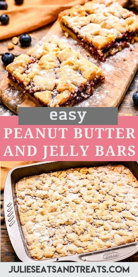 Love a classic peanut butter and jelly sandwich? Now you can enjoy your favorite flavors in dessert form! These Peanut Butter and Jelly Bars are soft and chewy. The base peanut butter crust is topped with jam and chopped peanuts and then more peanut butter crust. Perfect dessert, bake sale treat, potluck dessert or after school snack. #peanutbutter #jelly Ultimate Desserts, Peanut Butter And Jelly Bars, Peanut Butter Jelly Recipes, Peanut Butter Crust, Scotcheroos Recipe, Potluck Dessert, Jelly Bars, Bake Sale Treats, Fair Foods