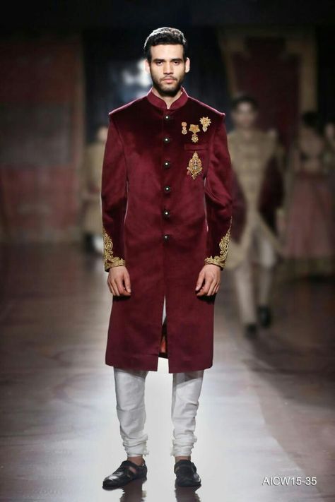 66e9f9191e42ca654746bf81b2c19ea3 Maroon Sherwani Groom, Plain Sherwani, Maroon Sherwani, Velvet Sherwani, Bohemian Style Gown, Indowestern Sherwani, Silk Churidar, Groom Sherwani, Groom Dress Men