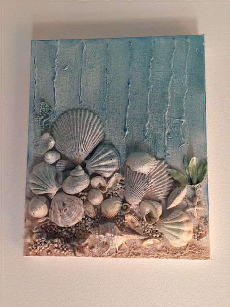 Sea Shell Painting On Canvas, Shell Art On Canvas, Shells On Canvas, Shell Canvas Art, Seashell Art Diy, Simpul Makrame, Art Coquillage, Seashell Wall Art, Mixed Media Art Canvas