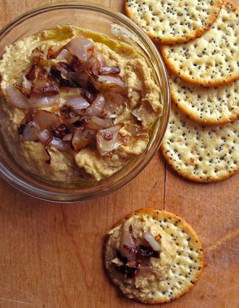 Cipollini Onion Hummus Recipe | Saveur Unique Hummus Recipe, Mezze Recipes, Onion Hummus, Meze Recipes, Cipollini Onions, Hummus Ingredients, Healthy Afternoon Snacks, Caramelized Onion, Hummus Recipe