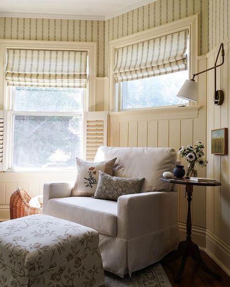 A quaint and cozy corner featuring the spacious Crawford Chair and a Half. We love how it complements this nursery’s decorative walls, antique accents, and farmhouse feel. 🏡  📸: @d.ridarick Nursery Chair Corner, Nursery Corner, Nursery Seating, Chair Corner, Decorative Walls, Cozy Nursery, Nursery Chair, Chair And A Half, Reading Corner