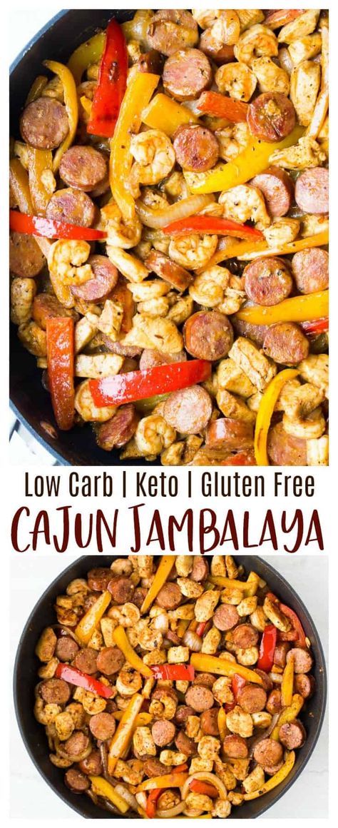 Keto Cajun Jambalaya - a combination of Andouille sausage, chicken, shrimp and vegetables in a flavorful, creamy Cajun flavored sauce. Serve this dish over cauliflower rice for a low carb, keto friendly, gluten free dinner! This easy recipe is a keto spin similar to authentic Jambalaya from New Orleans, Louisiana. | #dlbrecipes #keto #jambalaya #ketojambalaya Keto Dinner Recipes With Shrimp, Keto Dinner With Sausage, Keto Jumbolia, Kelbeisa Sausage Recipes Keto, Keto Smoked Turkey Sausage Recipes, Keto Dinner Recipes Kilbasa, Carb Free Shrimp Recipes, Keto Sausage Meals, Keto Sausage Recipes Dinners