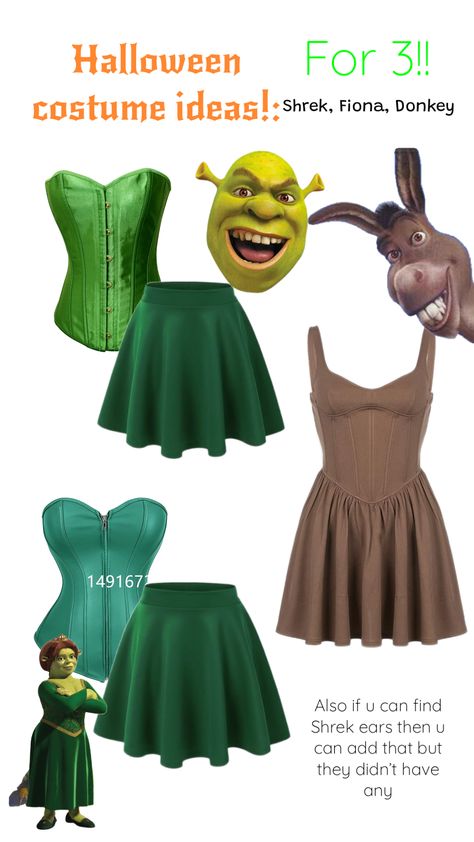 Halloween Costume Ideas For Three, Donkey In Shrek, Shrek Fiona And Donkey, Shrek And Fiona Costume, Fiona Costume, Donkey Costume, Shrek Fiona, Fiona Shrek, Shrek Costume