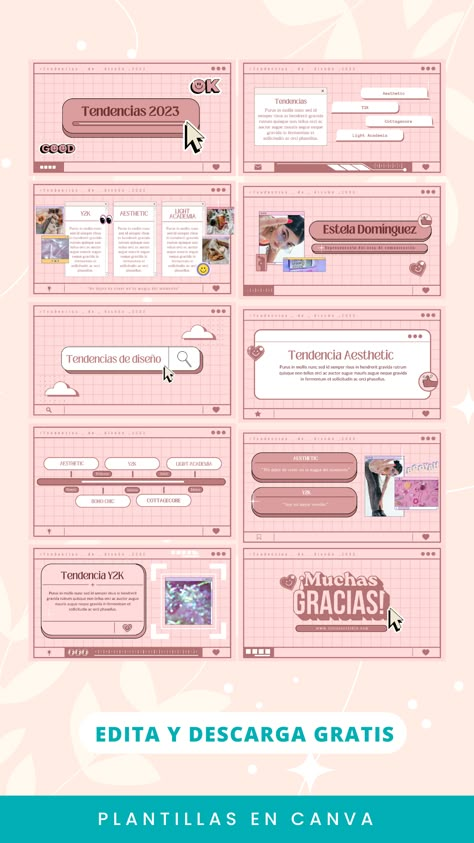 ⭐Edita y descarga gratis en Canva 💙Perfil en canva: www.canva.com/p/teambanana/ 🥰IG: @any_banany_style/ Aesthetic Canva Slides, Aesthetic Presentation Canva, Y2k Canva Templates, Canva Cute Templates, Canva Slides Template, Canvas Presentation Ideas, Cute Canva Templates, Canva Design Ideas Presentation, Canva Slide Ideas