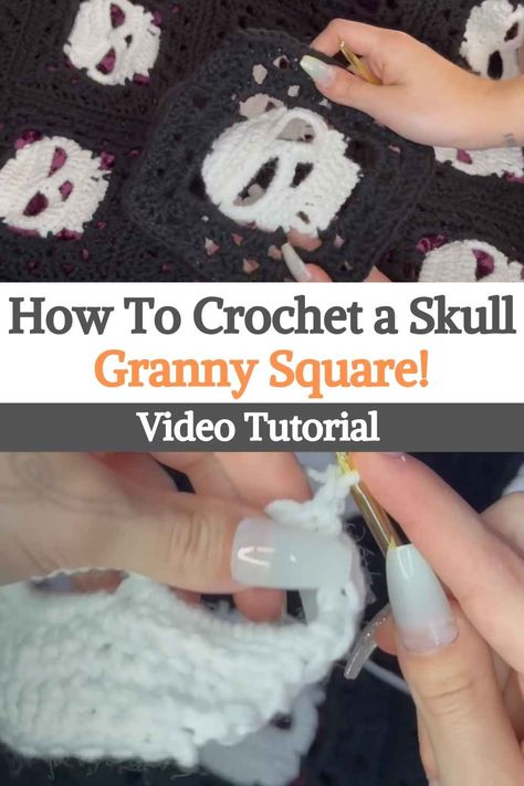 How To Crochet a Skull Granny Square! Scull Crochet Granny Square, Alter Cloth Crochet Pattern, Skull Granny Square Sweater, Skull Granny Square Tutorial, Crochet Patterns Skull, Skull Crochet Square, Skull Granny Square Blanket, Free Skull Granny Square Pattern, Skull Blanket Crochet Pattern