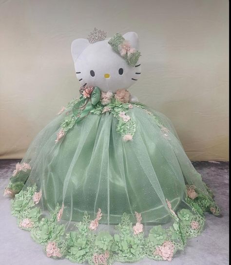 #customhellokitty #recuerdosgema #quinceañera #party #glamorous #green #dress #glitter #smallbusiness Sage Green Quince Doll, Custom Hello Kitty, Hello Kitty Doll, Pink Quince, Wedding Bible, Quince Decorations, Quinceanera Ideas, Quinceanera Dresses Pink, Quince Dress