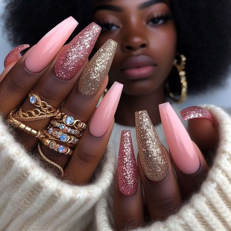 Dive into the Luxe Life with these Opulent Pink & Gold Nails – Unleash your inner diva with our latest nail art trend that’s all about bold colors and sparkling details. Perfect for summer soirées and glam nights out! Pink And Gold Almond Nails, Matt Nail Ideas, Festival Nails Coachella, Red Matte Nails Design, Pink Fall Nail Ideas, Trendy Baddie Nails, Burgundy Gel Nails, Rose Gold Nail Ideas, Pink Glam Nails