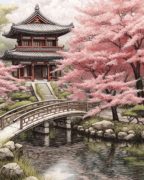 Japanese Garden Illustration, Garden Illustrations, Mindful Art, Japanese Temple, Garden Illustration, Grayscale Coloring Pages, Garden Drawing, Japanese Artwork, Asian Painting