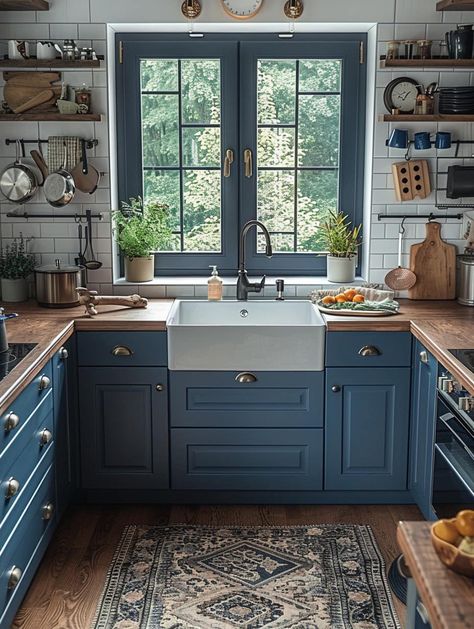 So beautiful❤️ Blue Kitchen Cottage, Blue Walls Cream Cabinets, 1920 Homes Interior, Small Navy Blue Kitchen, Navy Blue And Green Kitchen, Cottage Blue Kitchen, Blue Kitchen Butcher Block Counter, Moody Blue Kitchen, Blue Kitchen Farmhouse