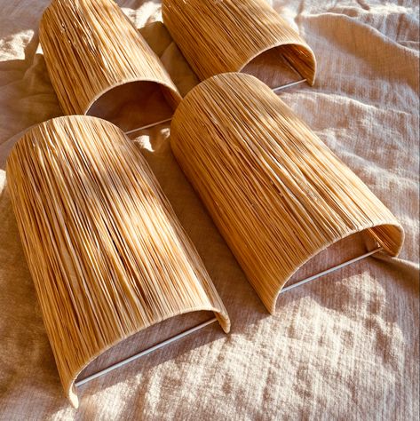 Hand made natural raffia wall scones 30cm high by Tikifeva Sydney Australia Rafia Lamp, Modern Wall Scones, Wall Scones, Lampshade Designs, Sophisticated Decor, Modern Wall Sconces, Best Wall, Modern Scandinavian, Handmade Lighting