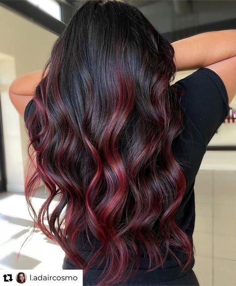 Magenta On Dark Hair, Balayage Hair Red And Black, Burgundy Peekaboo Highlights, Dark Hair Red And Blonde Highlights, Black To Wine Red Ombre Hair, Burgundy To Black Ombre Hair, Dark Cherry Hair Balayage, Red Hair Balayage Black, Wine Colored Highlights Brunettes