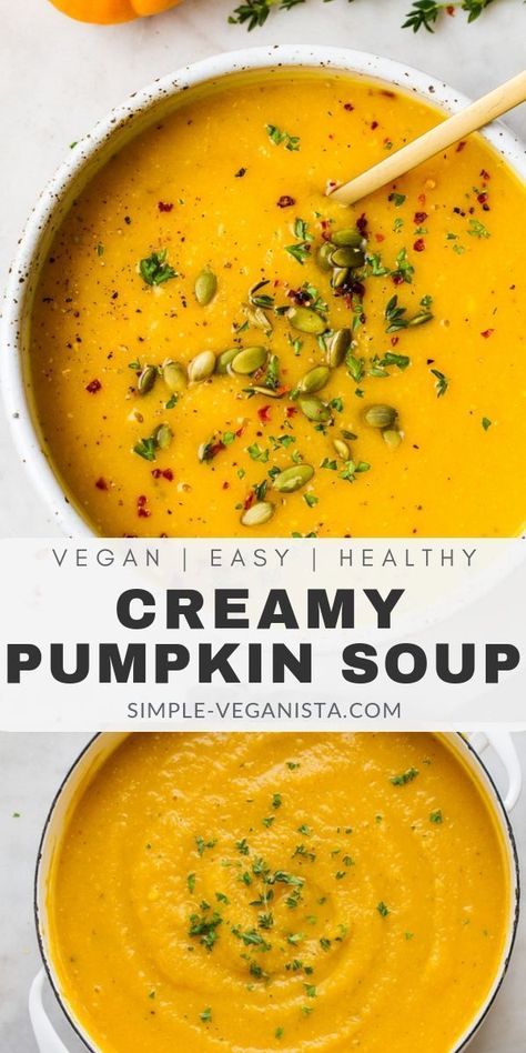 Vegan Pumpkin Soup recipe with red lentils is a fall delight and perfect for both casual and sophisticated dining! Made with minimal ingredients, creamy without the cream, is easy to make using one pot and ready in 30 minutes! Includes oil-free, grain-free, low-fat and oil-free options. Paleo Pumpkin Soup, Vegetarian Pumpkin Soup, Pumpkin Red Lentil Soup, Raw Pumpkin Recipes, Healthy Pumpkin Soup, Vegan Pumpkin Soup Recipe, Maklike Resepte, Pumpkin Soup Healthy, Red Soup