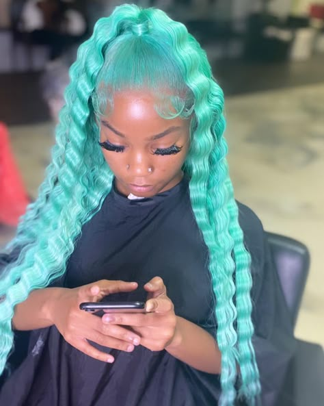 Crimps Hairstyles, Blue Half Up Half Down Wig, Crimped Wig, Mint Green Frontal Wig, Mint Green Wig, Side Part Quick Weave, Mint Green Hair, Quick Weave Bob, Inspired Hairstyles