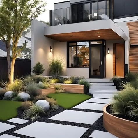 Modern Turf Front Yard, Modern Small Front Yard, Modern Landscape Design Front Yard, Home Exterior Makeover, Modern Landscape Design, Modern House Facades, Modern Exterior House Designs, Exterior Makeover, Casa Exterior