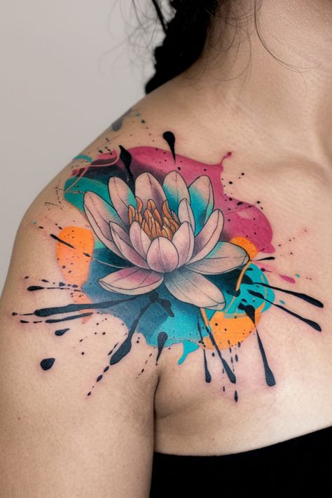 Abstract Water Lily with Color Splashes Lily Tattoo Ideas, Water Lily Tattoo, Firefly Tattoo, Water Lily Tattoos, Surreal Tattoo, Food Tattoos, Freedom Of Expression, Tattoo Care, Peonies Tattoo