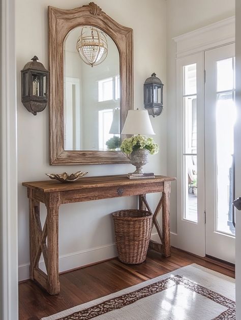 🌿 Welcome Home: 15 Farmhouse Decor Ideas You’ll Love! 🏠 - Pony Wall Entryway Entrance, French Country Entryway Ideas, Front Hall Decor, Entry Way Ideas, Small Entryway Ideas, Farmhouse Entryway Table, Mirror Entryway, Modern Farmhouse Entryway, Entryway Decor Ideas