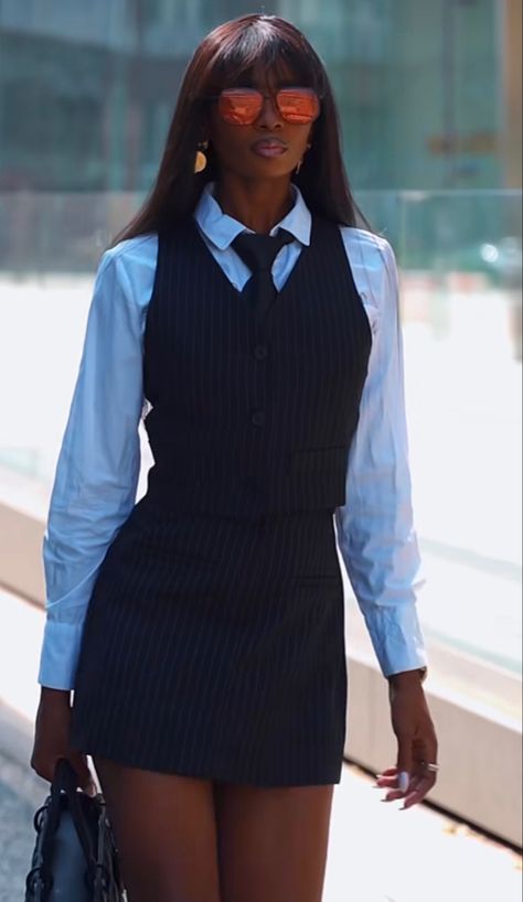 Wedding Outfit Woman Guest, Female Formal Outfits Aesthetic, Preppy Law School Outfit, Two Braid Outfit Ideas, Everyday Uniform Women, Journalists Outfit, Collared Shirt Outfit Black Women, Womens Striped Shirt Outfit, Black Preppy Dress