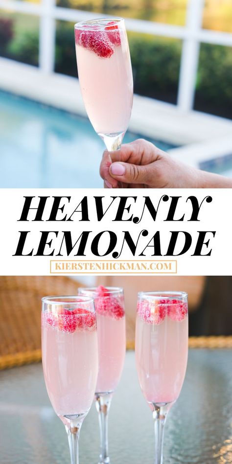 Heavenly lemonade cocktails are like mimosas, but better! Try this cocktail recipe for brunch. #cocktailrecipes #cocktails #brunchideas #brunch #brunchrecipe #drinks #drinksalcoholrecipes #drinkrecipeseasy Pink Brunch Drinks, Pink Bridal Shower Drinks, Vodka Brunch Cocktail, Bridal Brunch Drinks, Pretty In Pink Brunch Ideas, Brunch Drinks Alcoholic Easy, Tea Party Drinks Alcohol, Baby Shower Drinks Non Alcoholic, Mock Mimosas