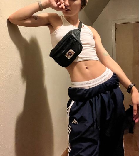 edgy athleisure athletic adidas sweats white tank top crossbody bag fanny pack Edgy Athleisure, Adidas Sweats, Black Sweats, Adidas Pants, White Tank Top, White Tank, Fanny Pack, Athleisure, Crossbody Bag