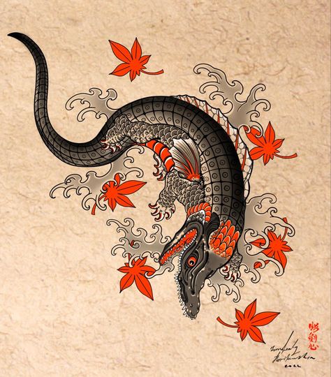 Japanese Style Crocodile Tattoo, Animal Japanese Tattoo, Japanese Salamander Tattoo, Japanese Alligator Tattoo, Japanese Crocodile Tattoo, Japanese Artwork Tattoo, Japanese Peacock Tattoo, Japanese Old School Tattoo, Koinobori Tattoo